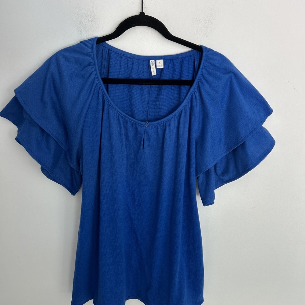 Cato Women's Large Royal BlueScoop Neck Blouse with Pleated Flutter Sleeves
